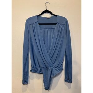 Free People Silky Long Sleeve Bodysuit in Baby Blue